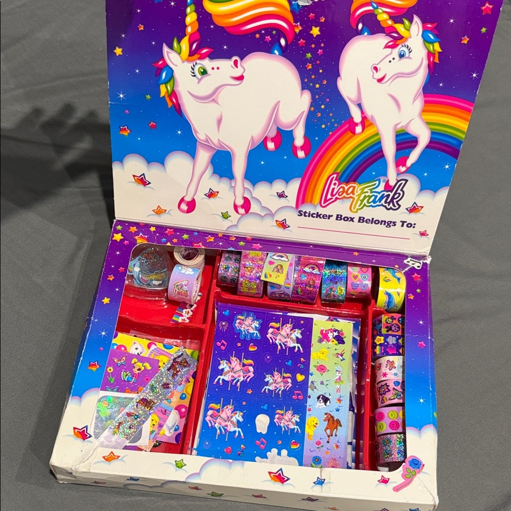Vintage Lisa Frank Rainbow Unicorn Sticker box& stickers VTG